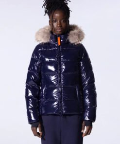 Doudoune glossy cintrée avec capuche en fourrure Olga Bright Dark Blue